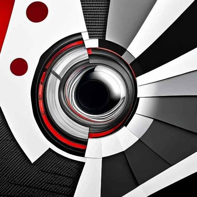 Black and white spiral with red accents illustrating hustle culture impact on well-being.