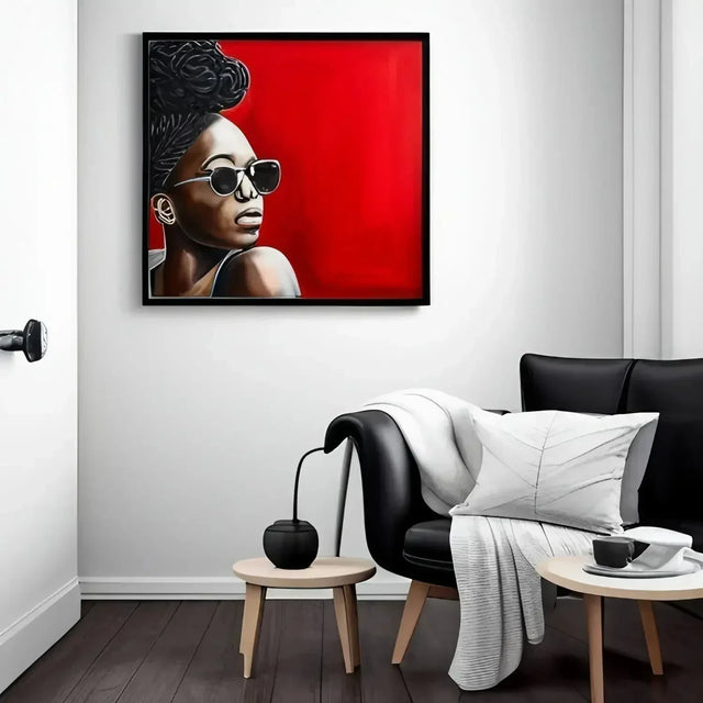 Painting of a woman in sunglasses symbolizing creative problem solving against a red background.