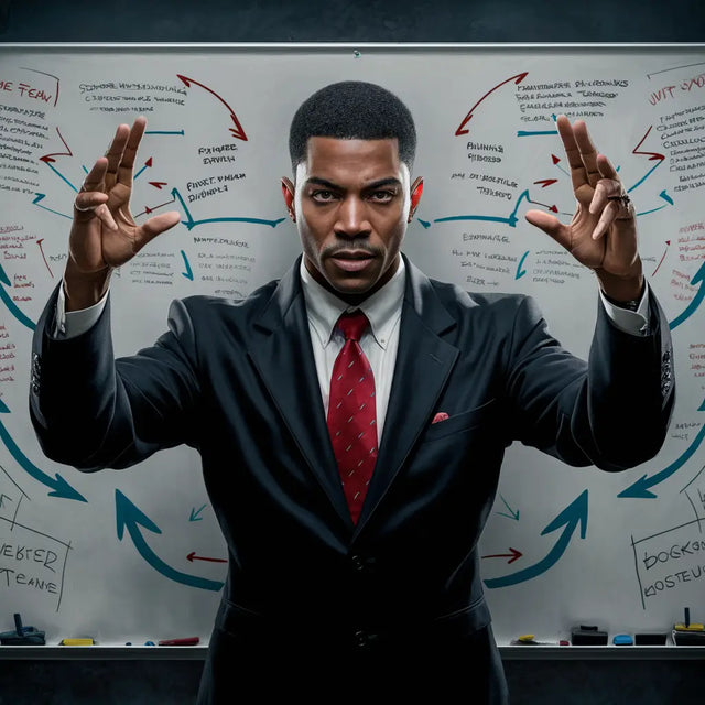 Man in a suit pointing upward, symbolizing effective communication in transformational leadership.