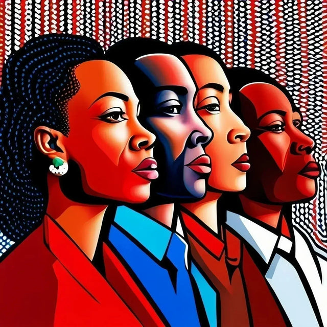 Painting of three women in red and blue inspiring hustle culture team members through art.