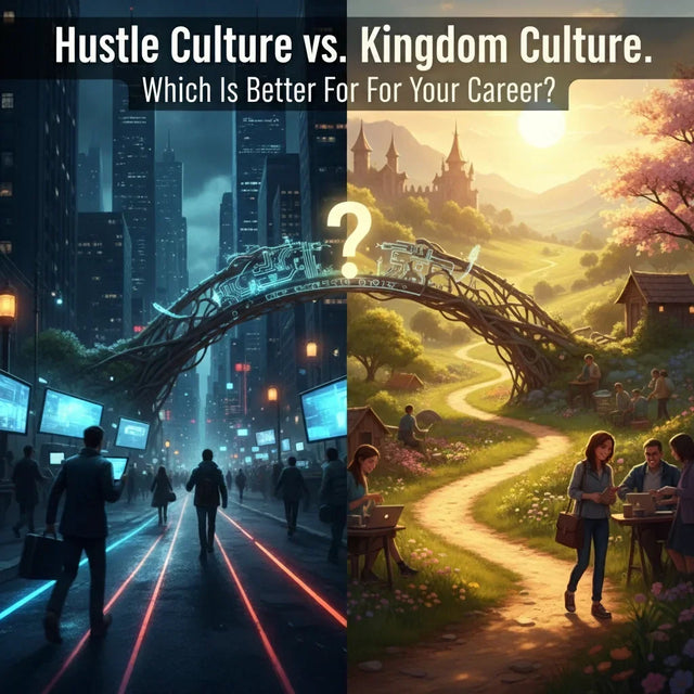 Two-way arch bridge with glowing lights illustrating kingdom culture versus hustle culture