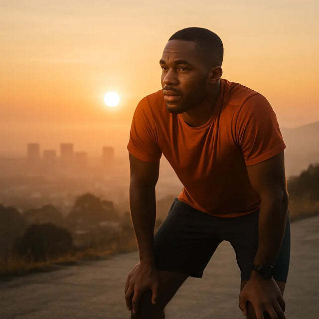 Orange t-shirt and black shorts embodying leadership principle for when you grow weary