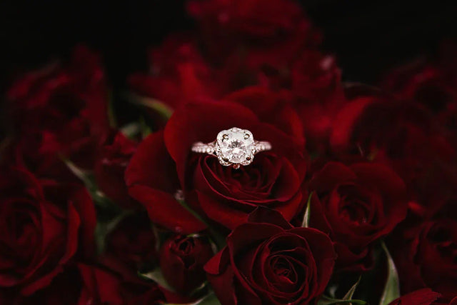 Diamond engagement ring on deep red roses symbolizing employee engagement and leadership traits.