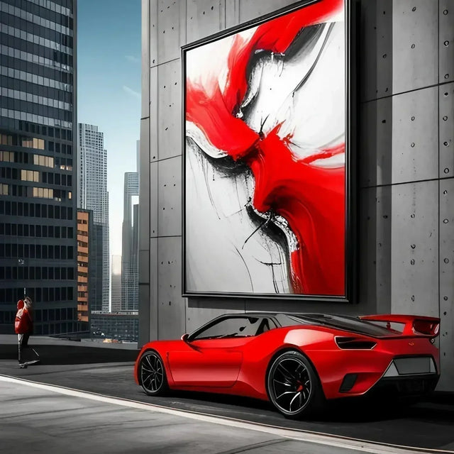 Red car parked in front of a large screen highlighting Lifestyle Club and Hustle Culture.