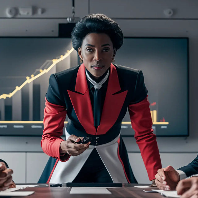 Woman in a red jacket exemplifying purposeful leadership at a discussion table.