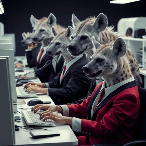 Hyenas in business attire collaborating at computer workstations in hustle culture.