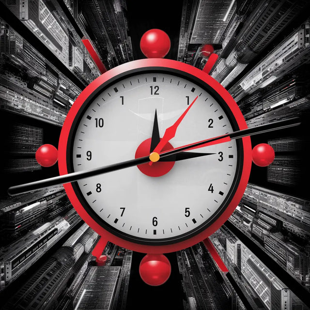 Clock surrounded by red balls emphasizing hustle culture and the importance to stay organized.