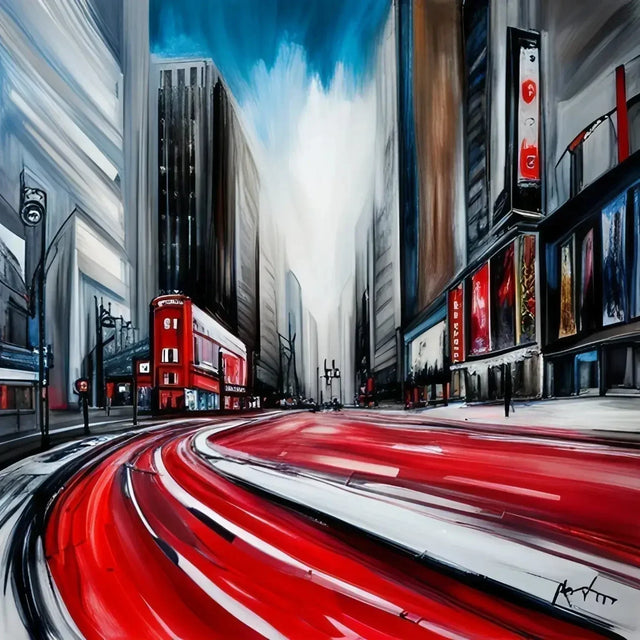 Painting of a bustling city street with red buses illustrating mastering focus in hustle culture.