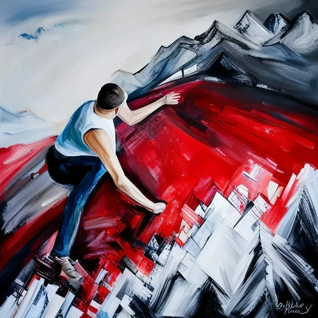 Painting of a man climbing a mountain symbolizing navigating hustle culture for work life balance.