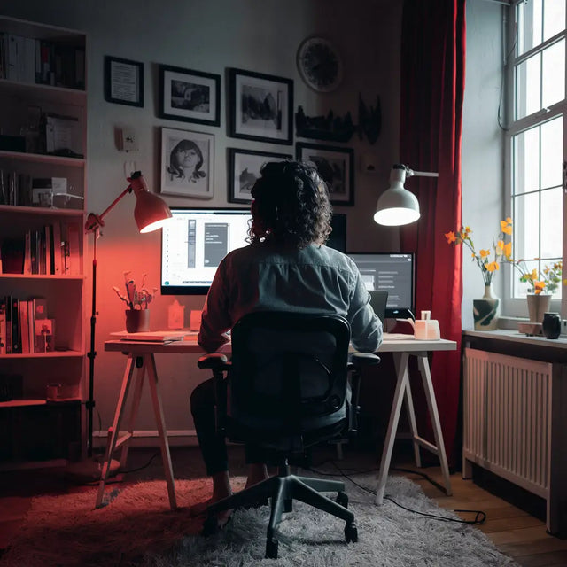 Woman leading a remote team while working at a desk in front of a computer.