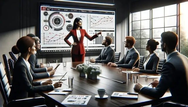 Woman in red dress leads discussion on mastering time management in hustle culture.