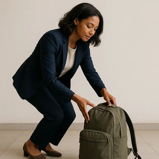 Olive green backpack that creates space, aiding Maya to fix things lighter