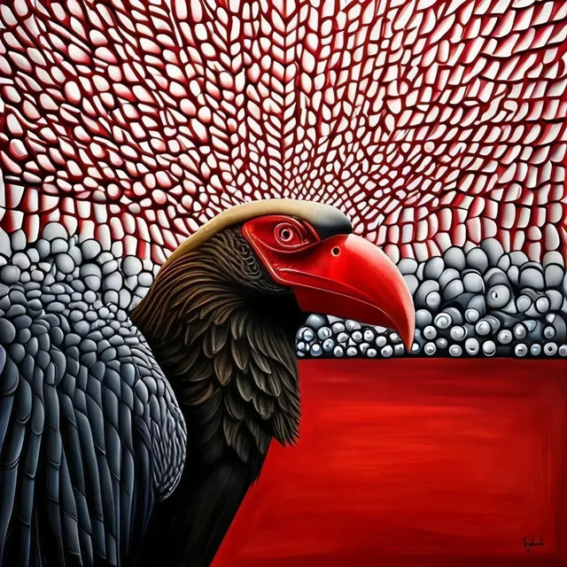 Painting of a red-feathered bird symbolizing vulture culture in the corporate world.