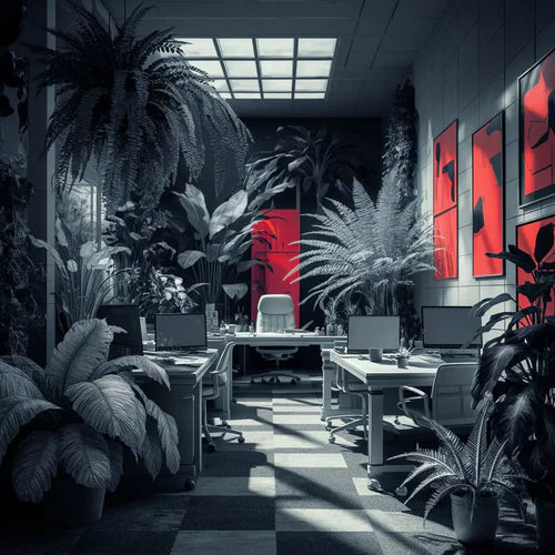 Modern office space with tropical plants and red walls reflecting workplace jungle aesthetics.