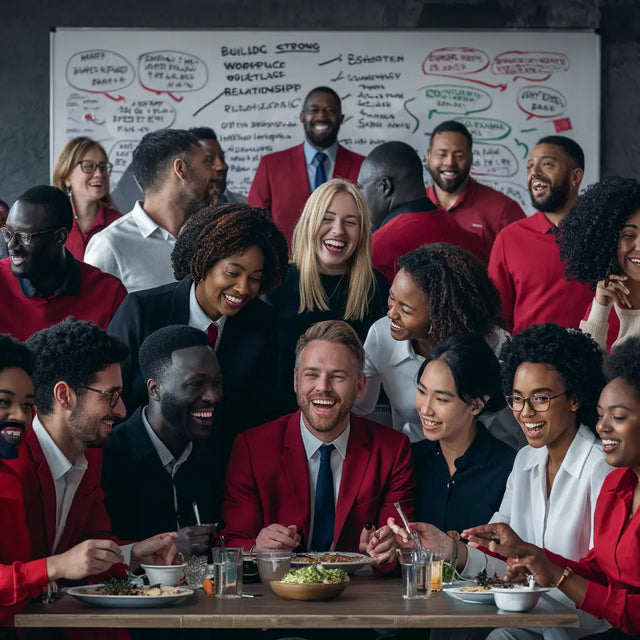 Group of people enjoying a meal, fostering strong workplace relationships for a cohesive team.