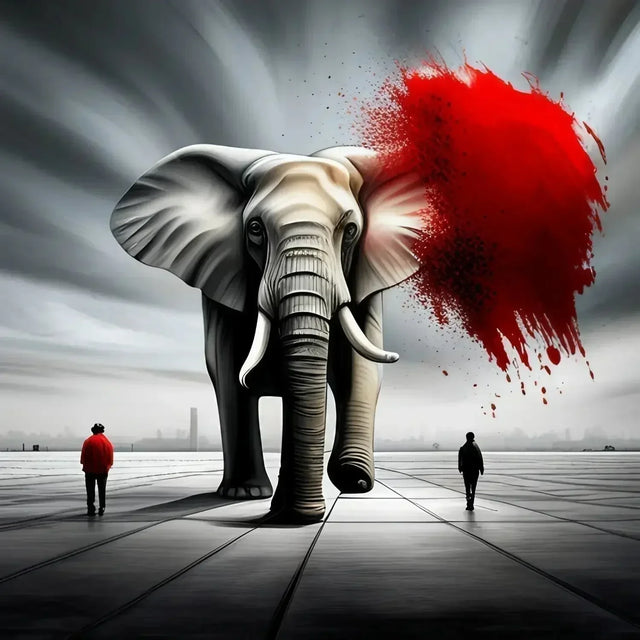 Elephant with red paint on trunk symbolizing creativity in overcoming workplace challenges.