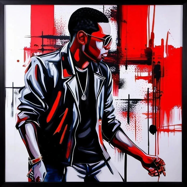 Painting of a man in a black jacket reflecting on a hustle-driven life.