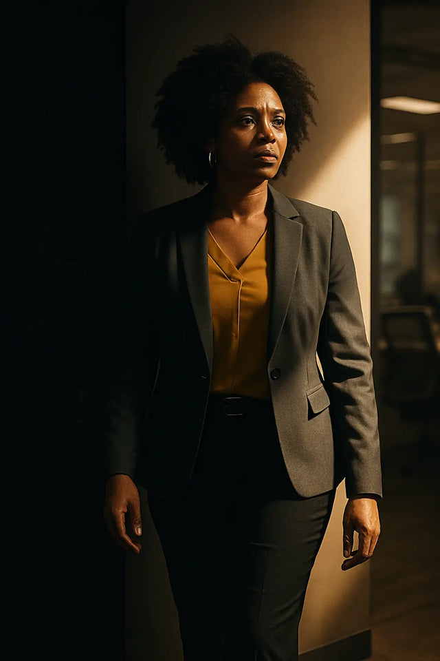 Dark-skinned woman with afro in mustard yellow blouse and gray blazer, exemplifying remaining hidden in purpose-driven leadership