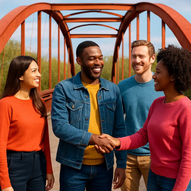 Four diverse young adults collaborating on a bridge illustrating purpose-driven leadership and sustainable success