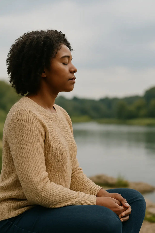 Woman with curly black hair in knit sweater embodying purpose-driven leadership and work-life balance