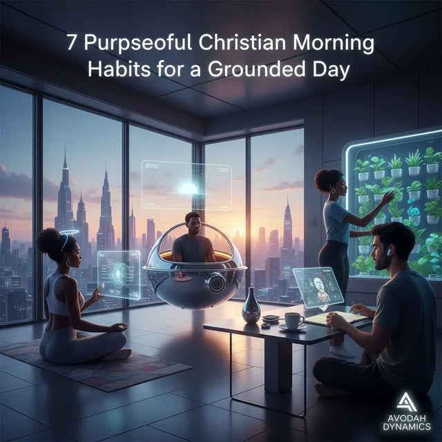 Futuristic holographic display illustrating purposeful Christian morning habits for a grounded day