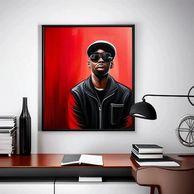 Painting of a man in sunglasses symbolizing work life integration at a desk.