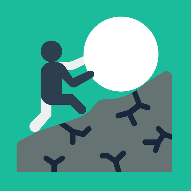 Stick figure demonstrating relentless hustle while pushing a sphere up a rocky slope.