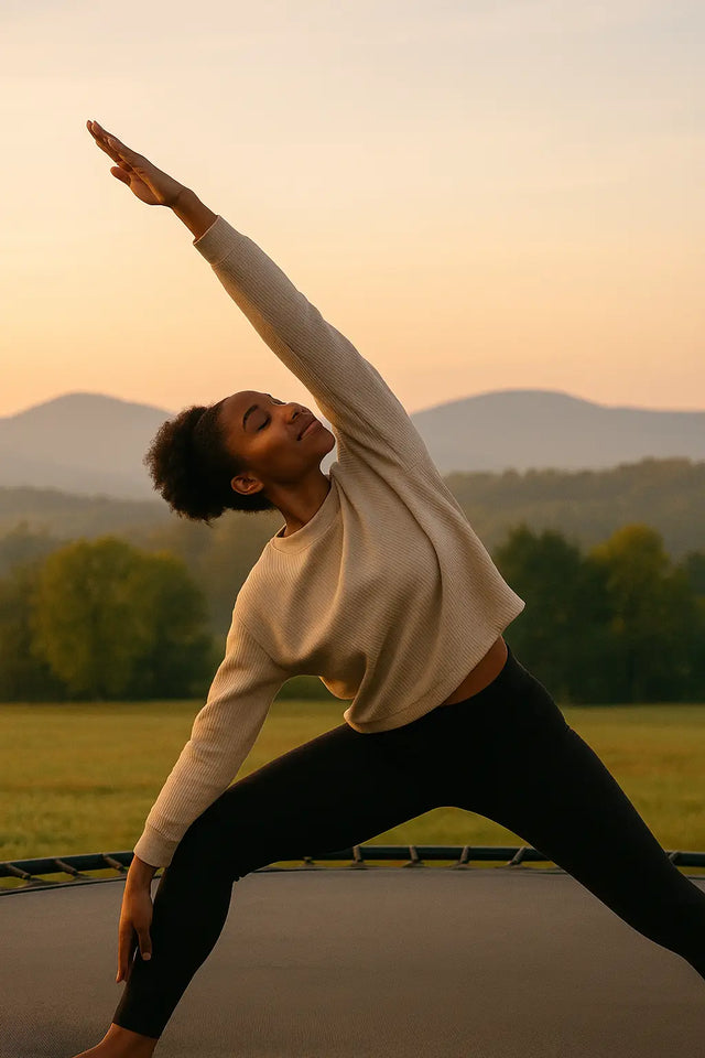 Woman in light-colored long-sleeve top and dark leggings practicing yoga outdoors for purpose-driven leadership