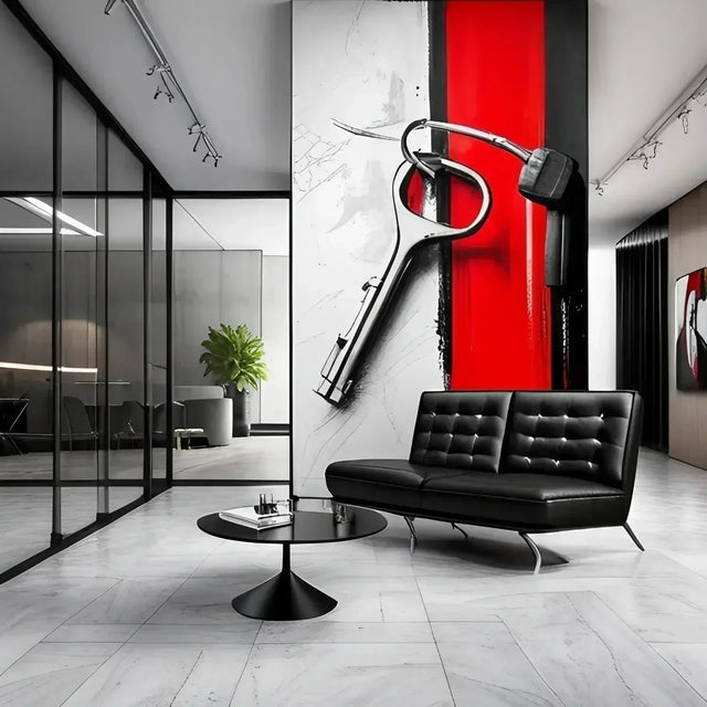 Black and white living room with red wall enhancing a productive lifestyle and daily routine.