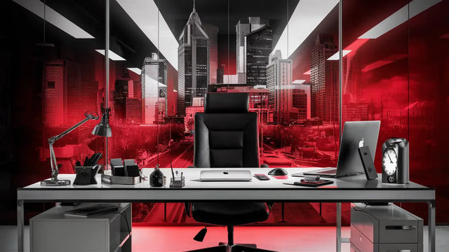 Red office featuring a black and white desk for an organized workspace and storage solutions.