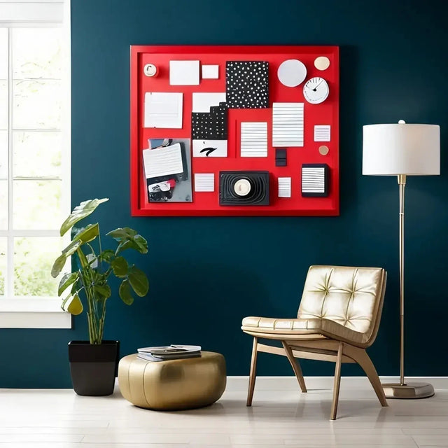 Red and white wall featuring a chair and lamp, ideal for goal setting and action plans.