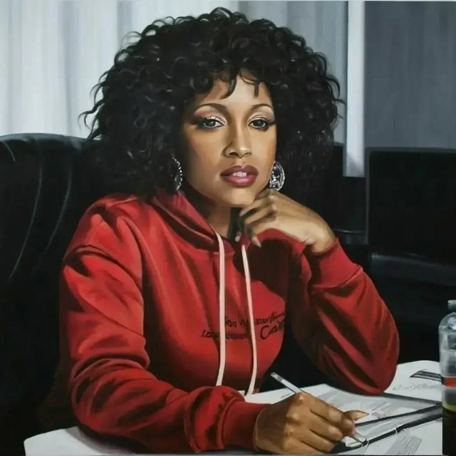 A painting of a woman at a desk embodying finding balance in a fast paced world.