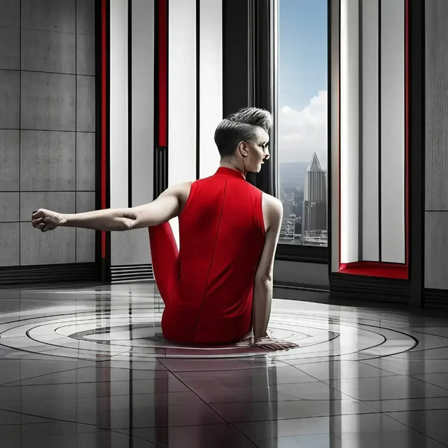 Woman in a red dress sitting on the floor, embodying setting boundaries for work life balance.