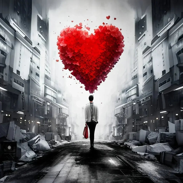 Man walking down a street holding a heart-shaped balloon, embodying setting healthy boundaries.