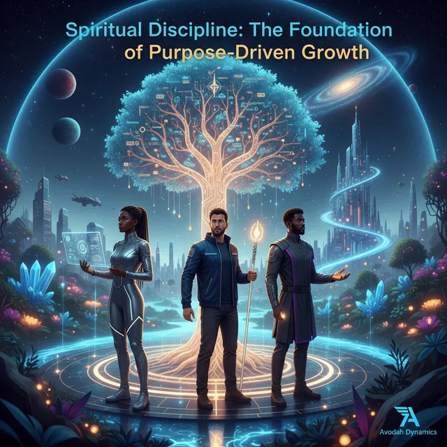 Glowing tree of life with circuitry and bioluminescent leaves symbolizing spiritual discipline