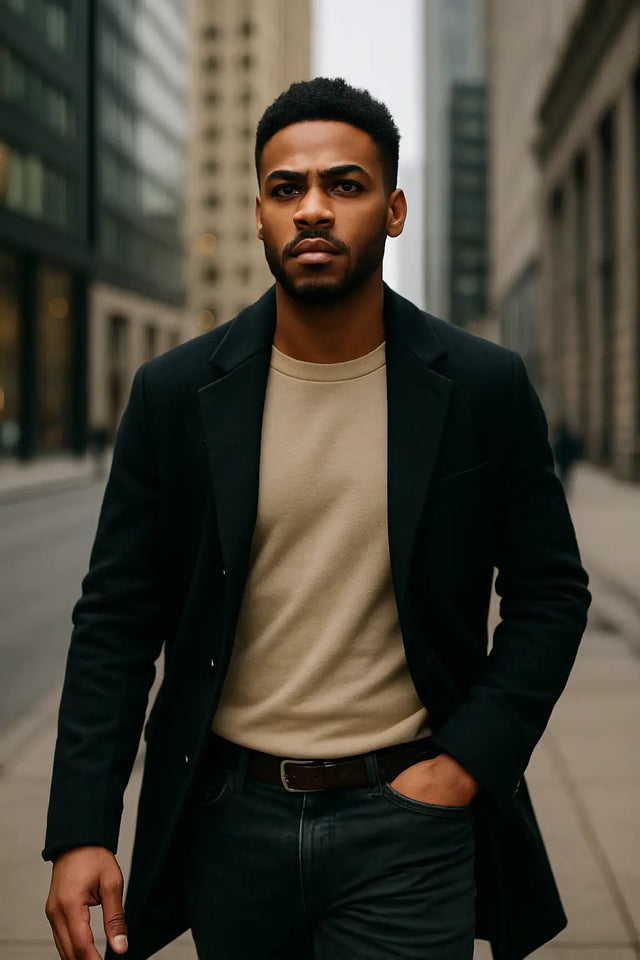 Man in black coat and dark jeans exemplifies purpose-driven leadership and work-life balance