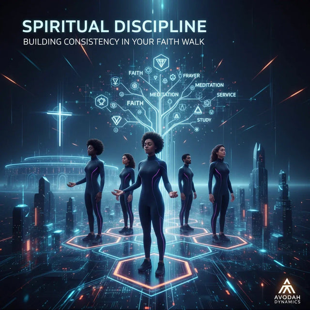 Blue glowing Tree of Life design illustrating spiritual discipline in a futuristic cityscape