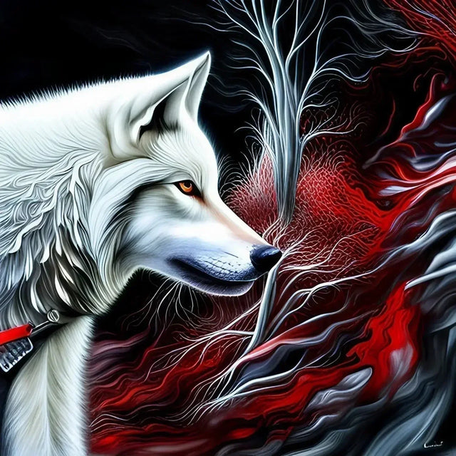 White wolf with red eyes on black background from Corporate Carnivores Series.