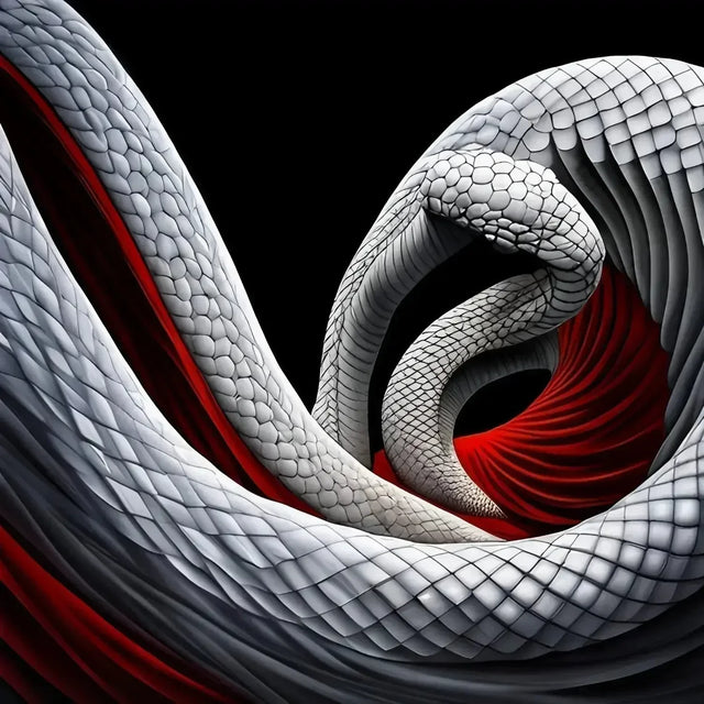 A white snake with red and black stripes symbolizing corporate snakes in the workplace.