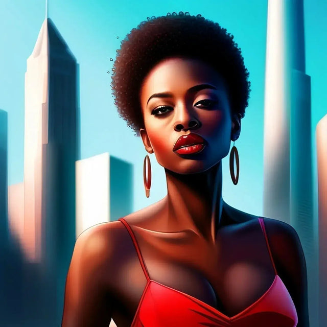 Woman in a red dress with city skyline, embodying bold decisions and authentic relationships.