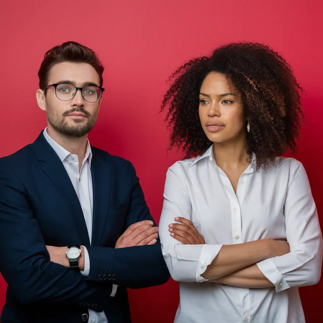 Two people embodying positive work culture against a vibrant red background.