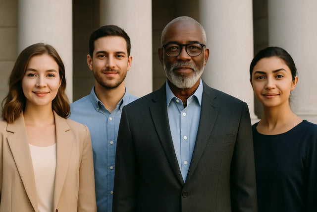 Man in black suit jacket, blue shirt, and glasses embodying kingdom leadership principles.