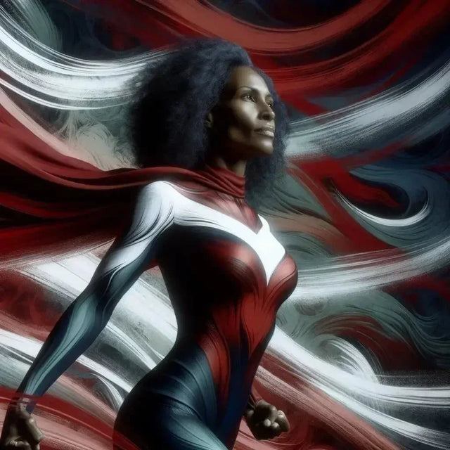 Woman in red and white superhero costume representing thriving amidst adversity and problem solving.