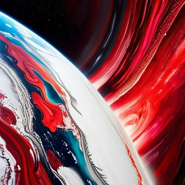 Red and white abstract painting featuring a planet, embodying themes of hustle centric world.