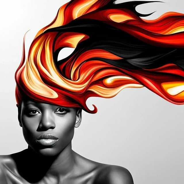 A woman with flames on her head symbolizes thriving in hustle culture and celebrating small achievements.