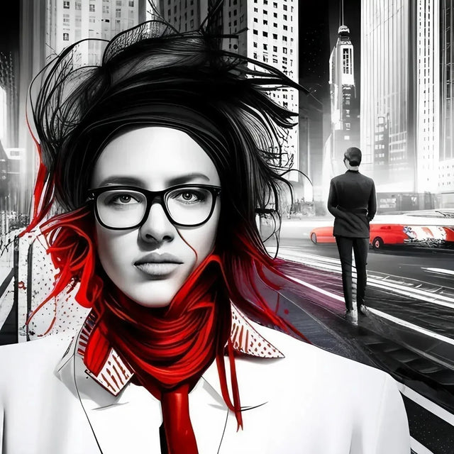 Woman with glasses and a red scarf exemplifying hustle culture and meaningful connections.