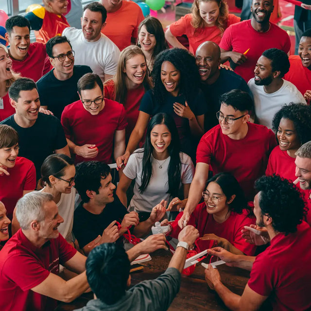 Group of people in red shirts collaborating at a table for a supportive company culture