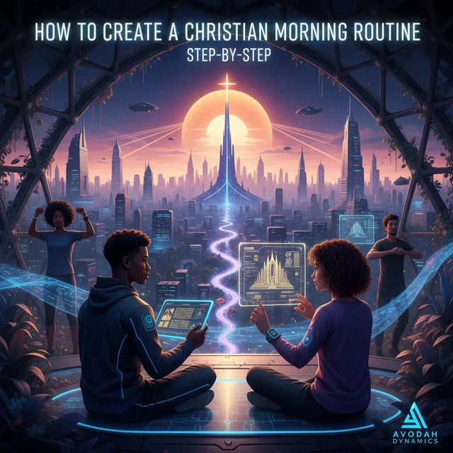 Futuristic blue and white laptop with Avodah Dynamics logo for Christian morning routine