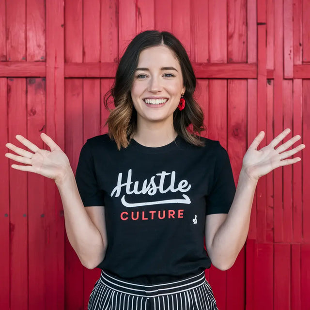 Woman in Hut Culture T-shirt exemplifying essential healthy habits for remote work success.