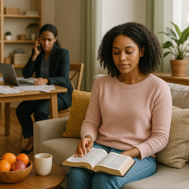 Woman reading an open book on a couch in Two Sisters at Jesus Feet Finding Rest for Stress Carriers